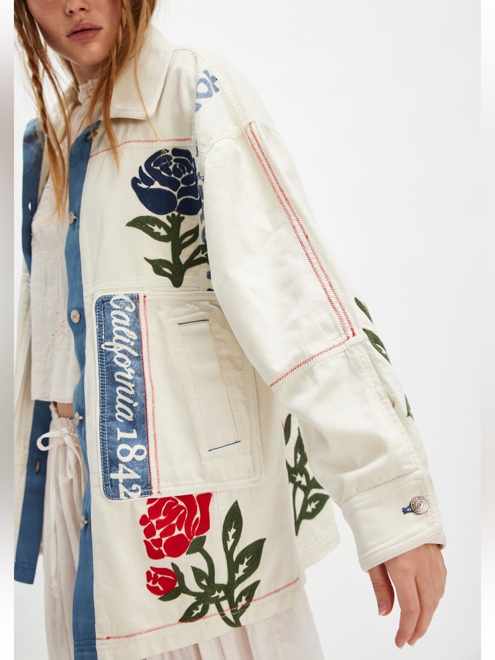 Free People We The Free Field of Roses Jacket Graphic Embroidered Coat Size XS